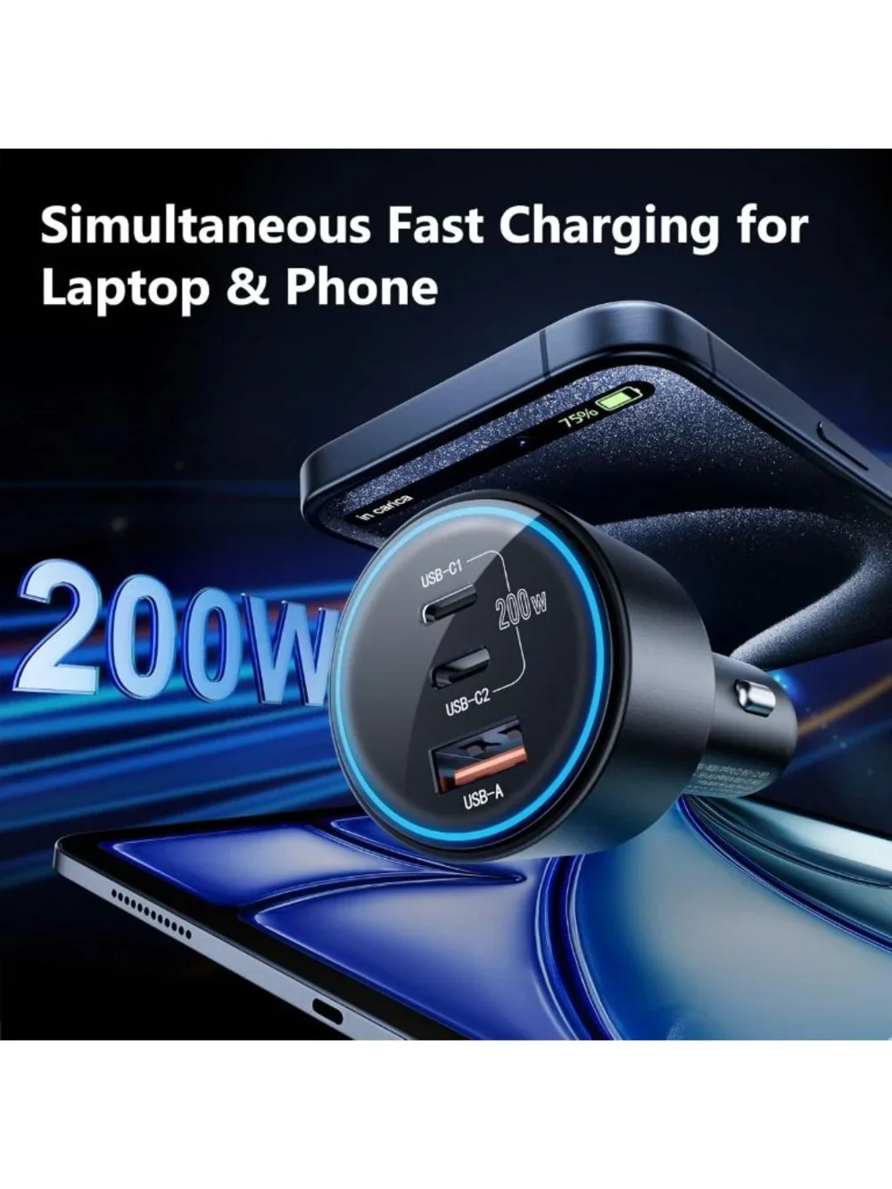 Fast Charging 200W Dual USB C Car Charger, PD3.0/QC4.0 Adapter for iPhone